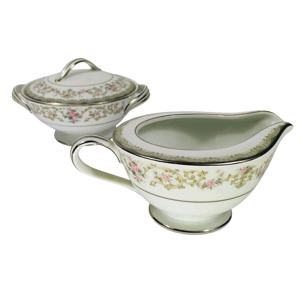 Noritake China Edgewood 5807 Sugar Bowl with Lid and Creamer Set Pink‎ Roses